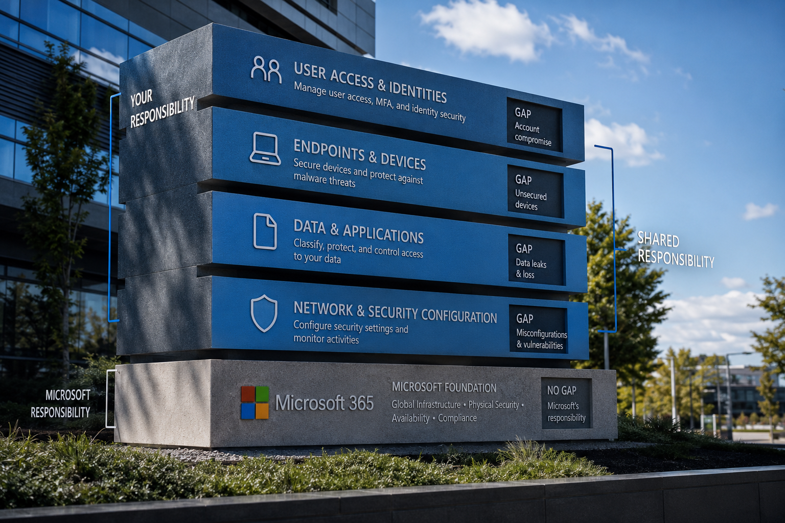 Professional () image depicting Microsoft 365 shared responsibility security model as a building structure. Microsoft
