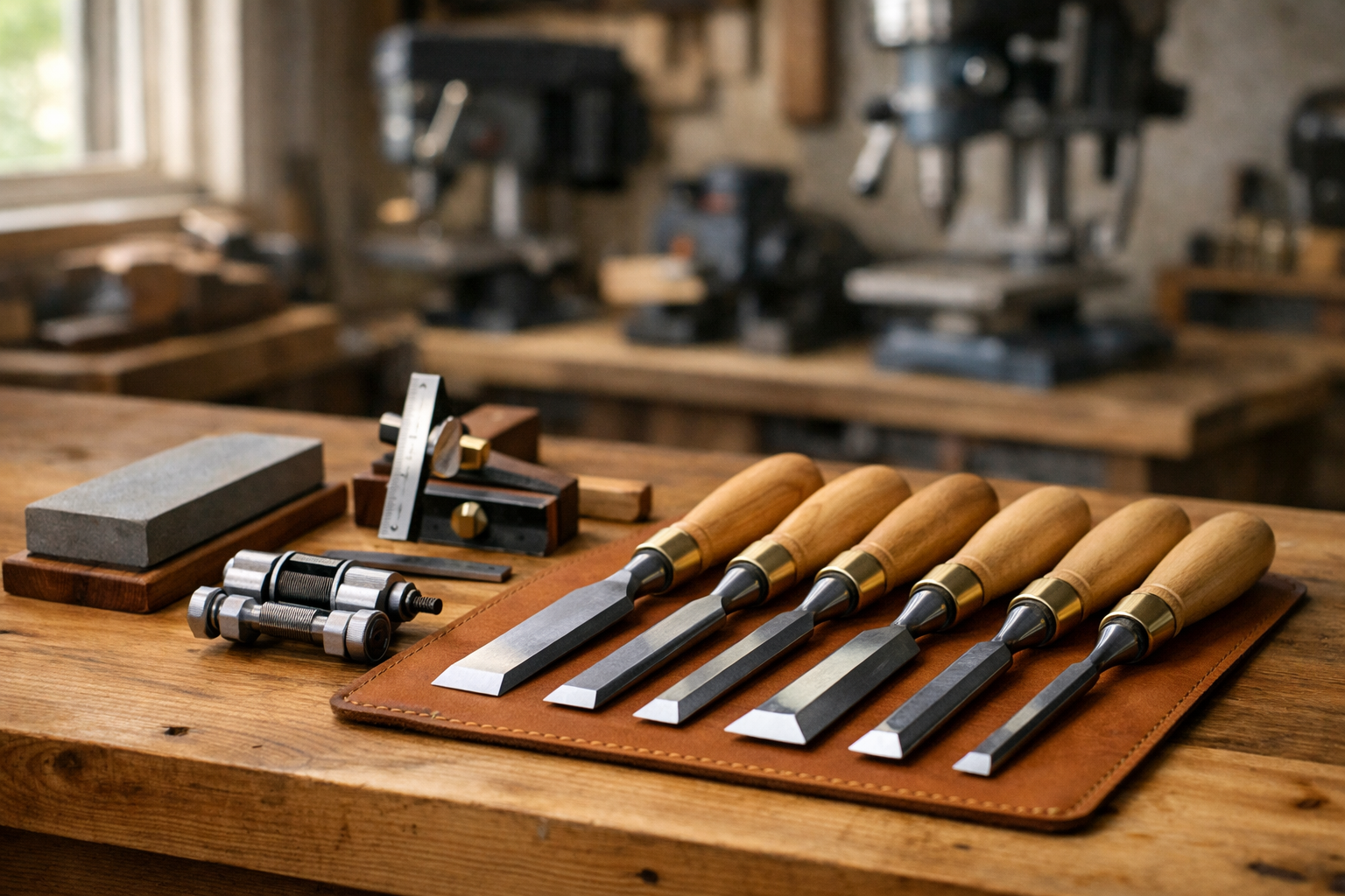 Detailed () image showcasing a pristine workbench in a well-organized woodworking shop. In the foreground, a set of newly
