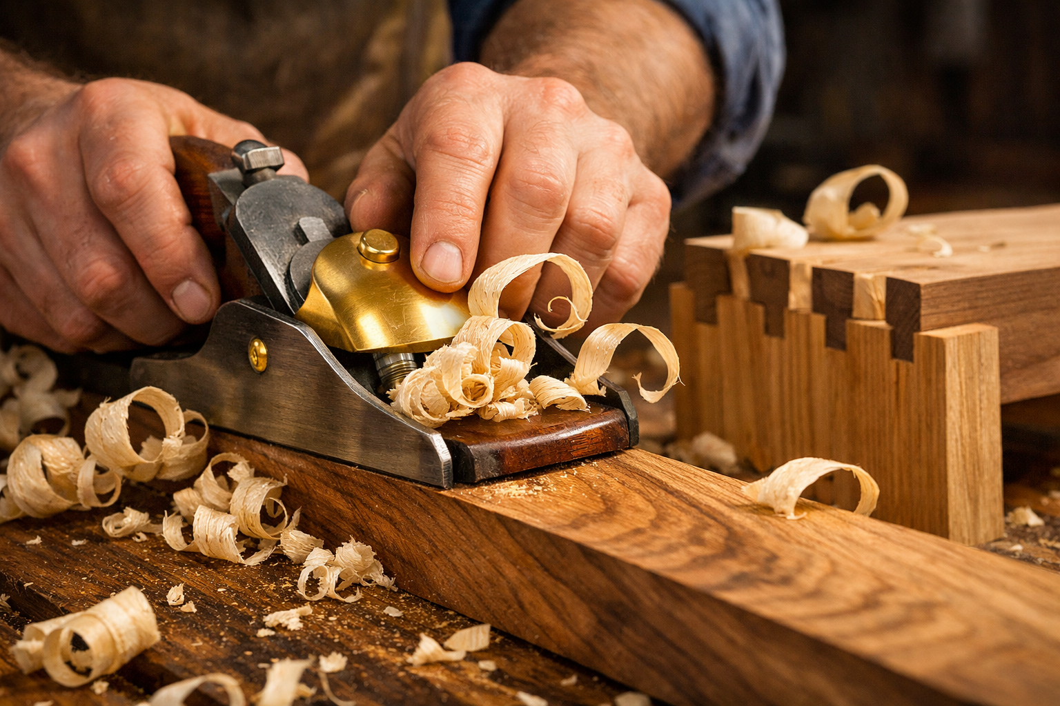Vivid () image illustrating a woodworker's hands expertly using a hand plane on a long piece of hardwood, generating thin,