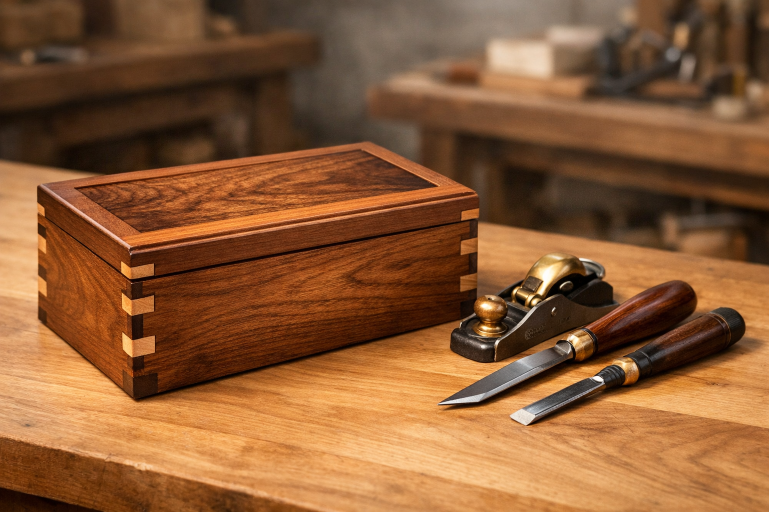 Aspirational () image depicting a finished, exquisitely crafted wooden box with intricate dovetail joints, proudly displayed