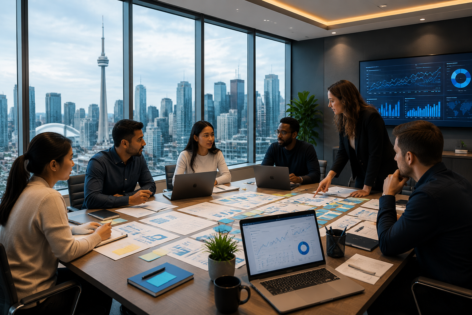 Wide-angle () showing a modern Toronto boardroom with floor-to-ceiling windows overlooking the financial district, a diverse