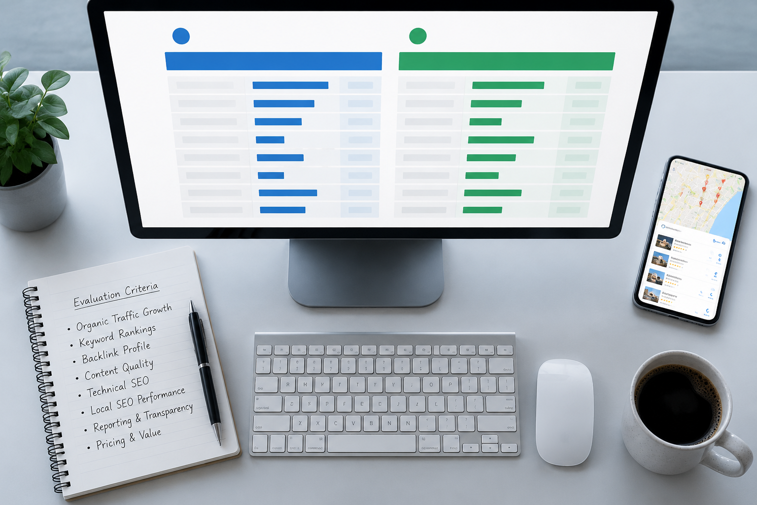 () close-up bird's-eye view of a clean desk workspace with a large monitor displaying a side-by-side agency comparison table