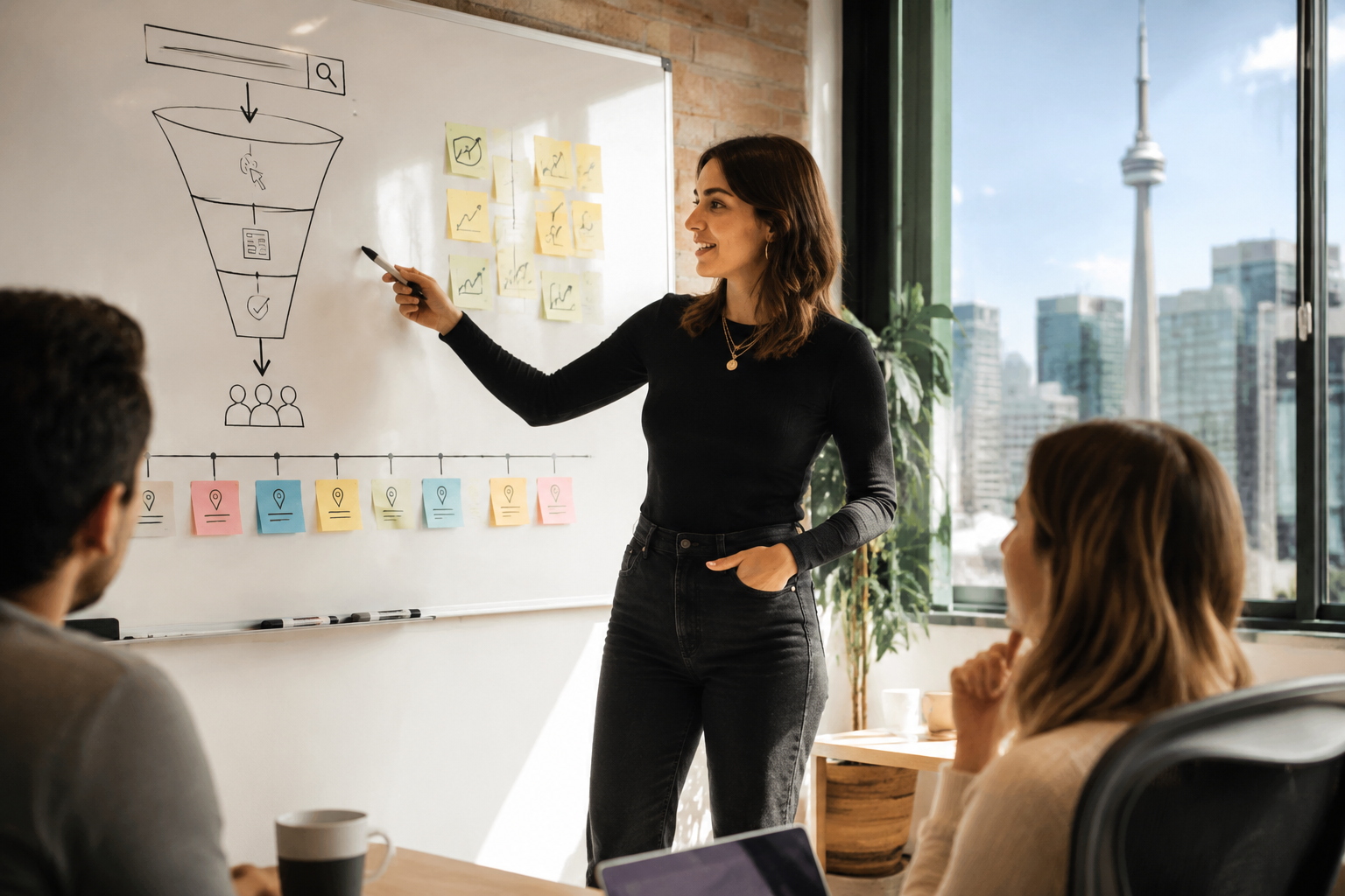 () showing a confident digital strategist standing at a whiteboard in a bright Toronto agency office, pointing to a