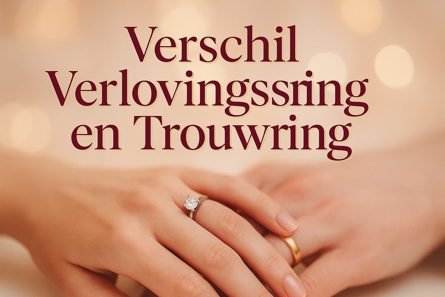 Professional landscape hero image (1536x1024) featuring bold text overlay "Verschil Verlovingsring en Trouwring" in extra large 72pt elegant