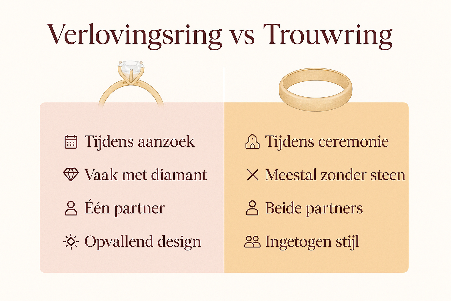 Professional landscape comparison infographic (1536x1024) for section "Het verschil verlovingsring en trouwring in één oogopslag". Type: Sid