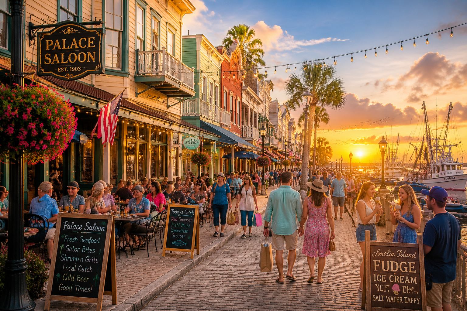 () image of charming Historic Fernandina Beach downtown waterfront district with colorful Victorian-era buildings lining
