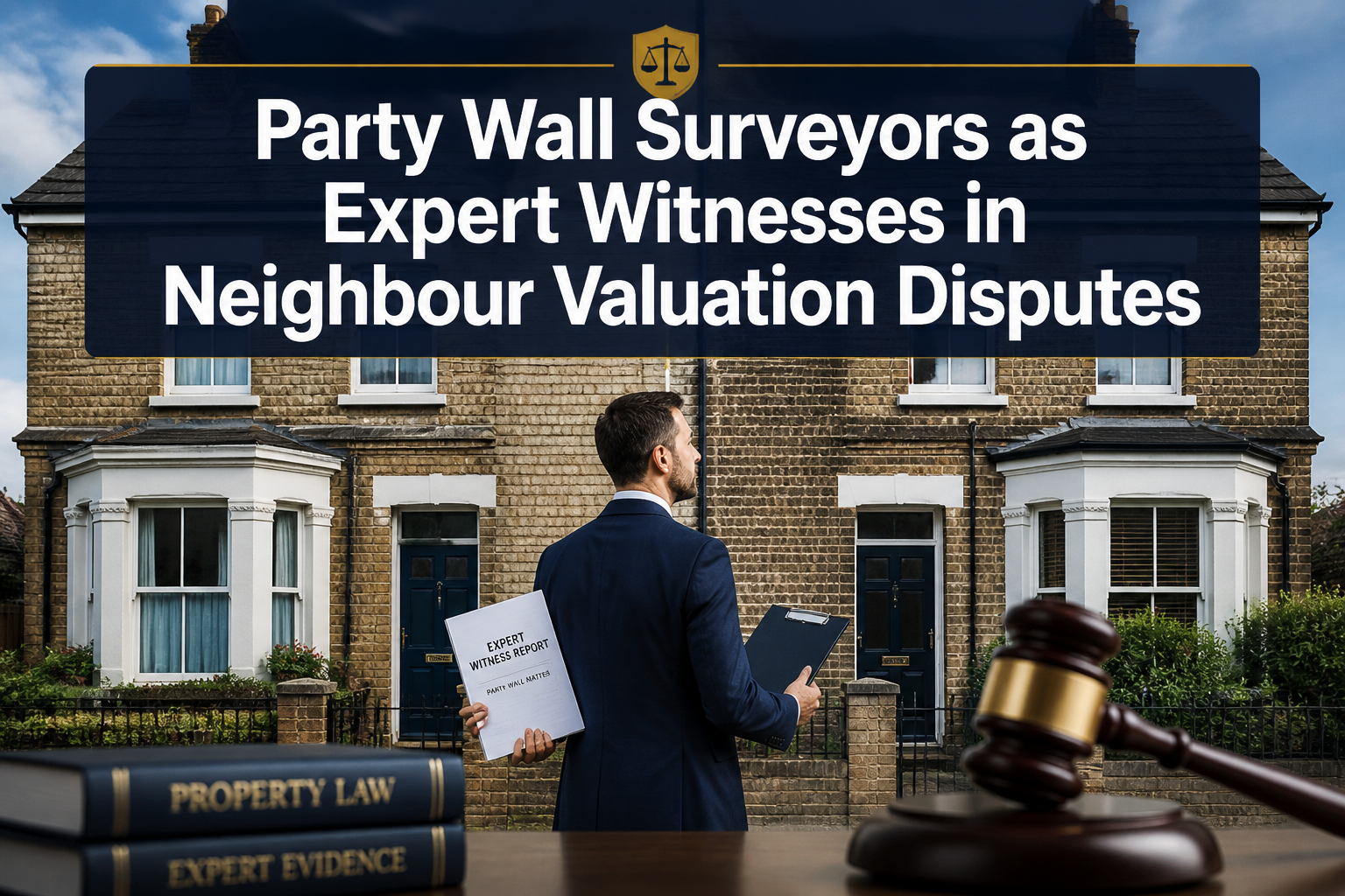 Professional () hero image with : 'Party Wall Surveyors as Expert Witnesses in Neighbour Valuation Disputes' in extra large
