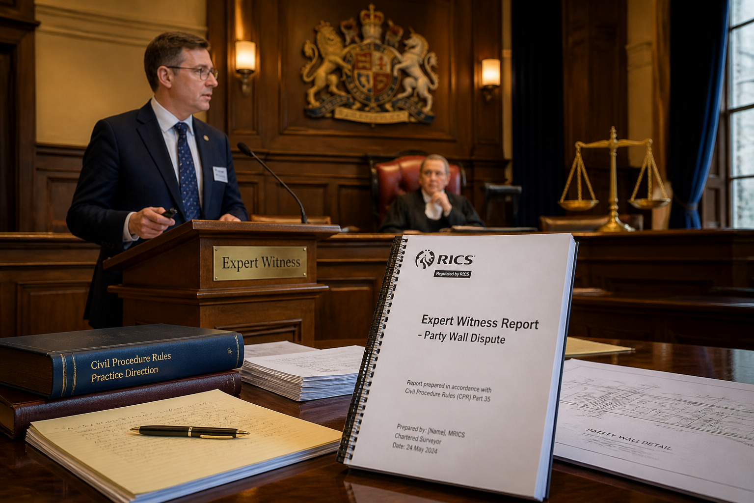 Wide-angle () showing a formal UK courtroom interior with a RICS-qualified surveyor in professional attire presenting a CPR