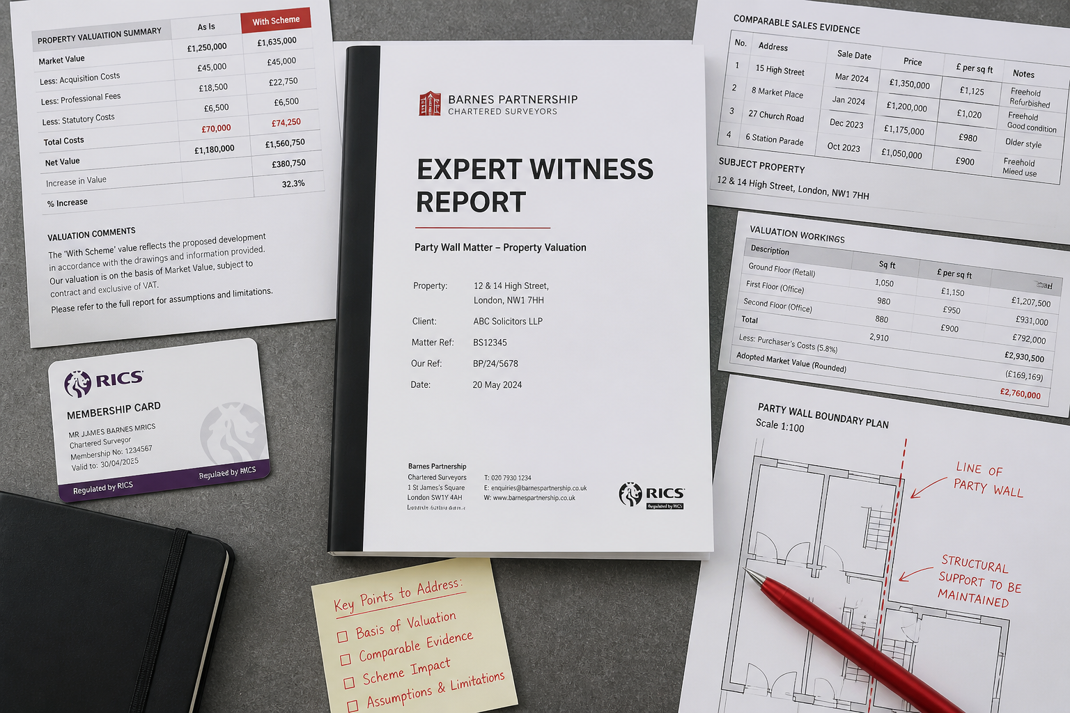 Overhead bird's-eye () flat-lay showing a structured expert witness report document on a desk, surrounded by property
