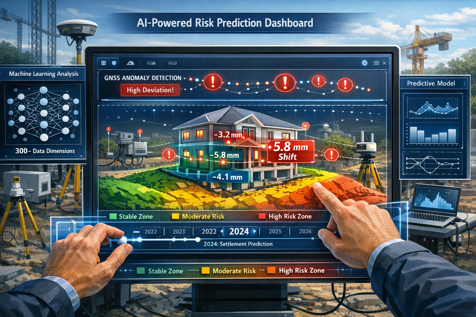 Landscape format (1536x1024) detailed illustration showing AI-powered risk prediction dashboard for property surveying. Central focus on lar