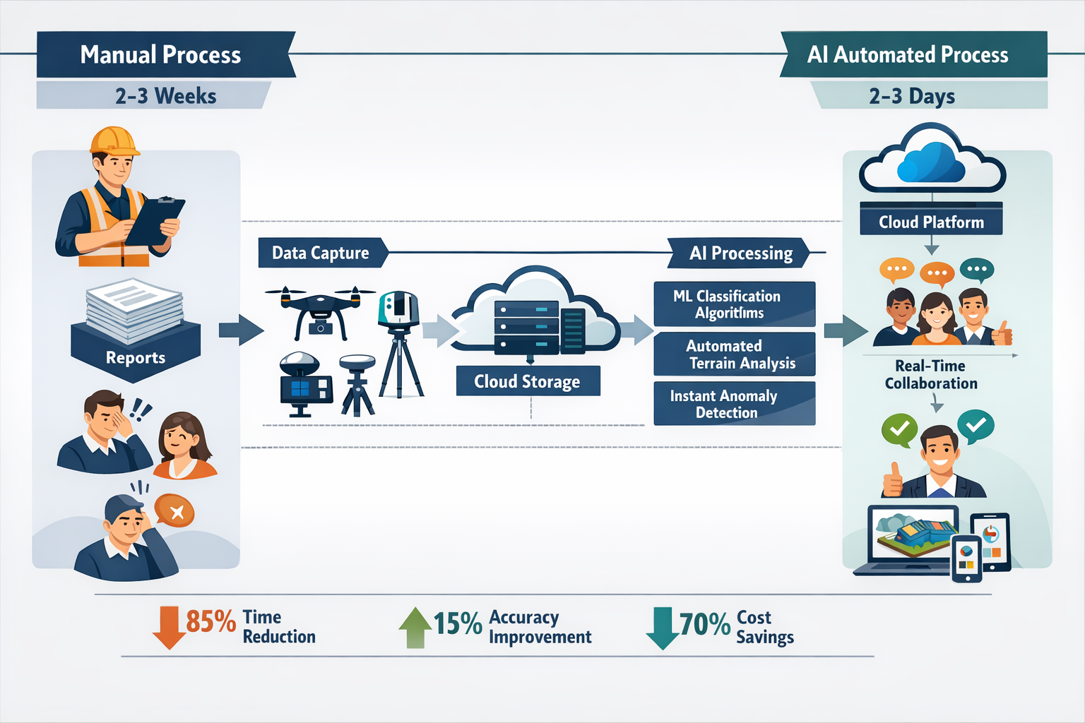 Landscape format (1536x1024) comprehensive infographic showing automated data analysis workflow in property surveying. Left section displays