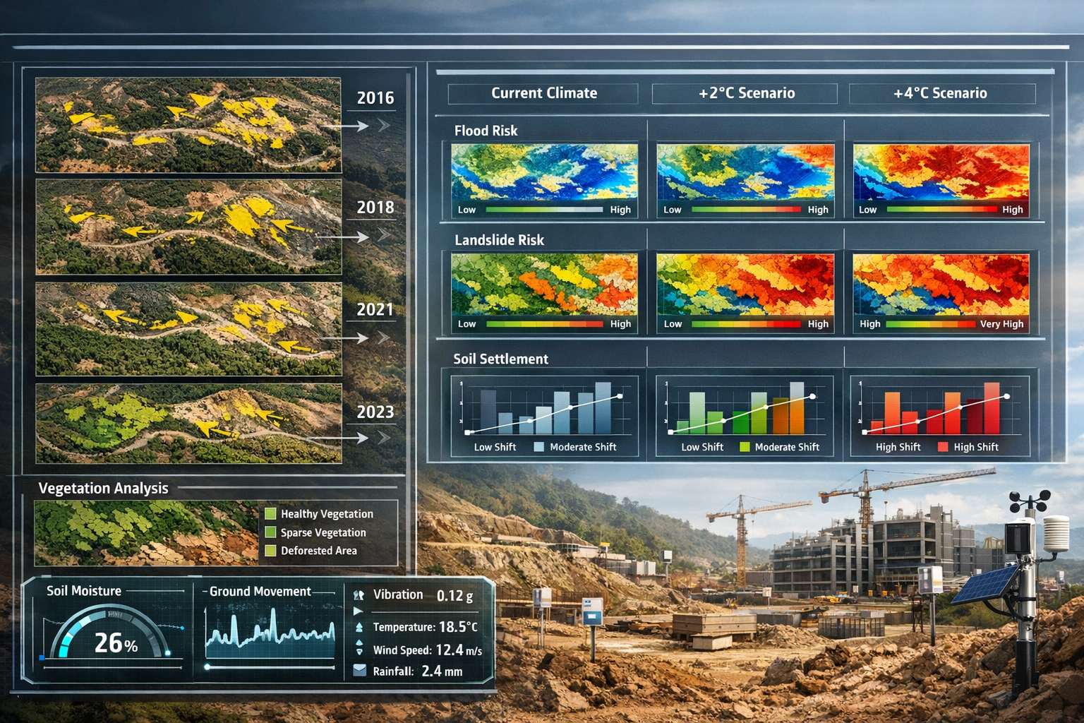 Landscape format (1536x1024) futuristic visualization of environmental monitoring and predictive modeling for construction safety. Main focu