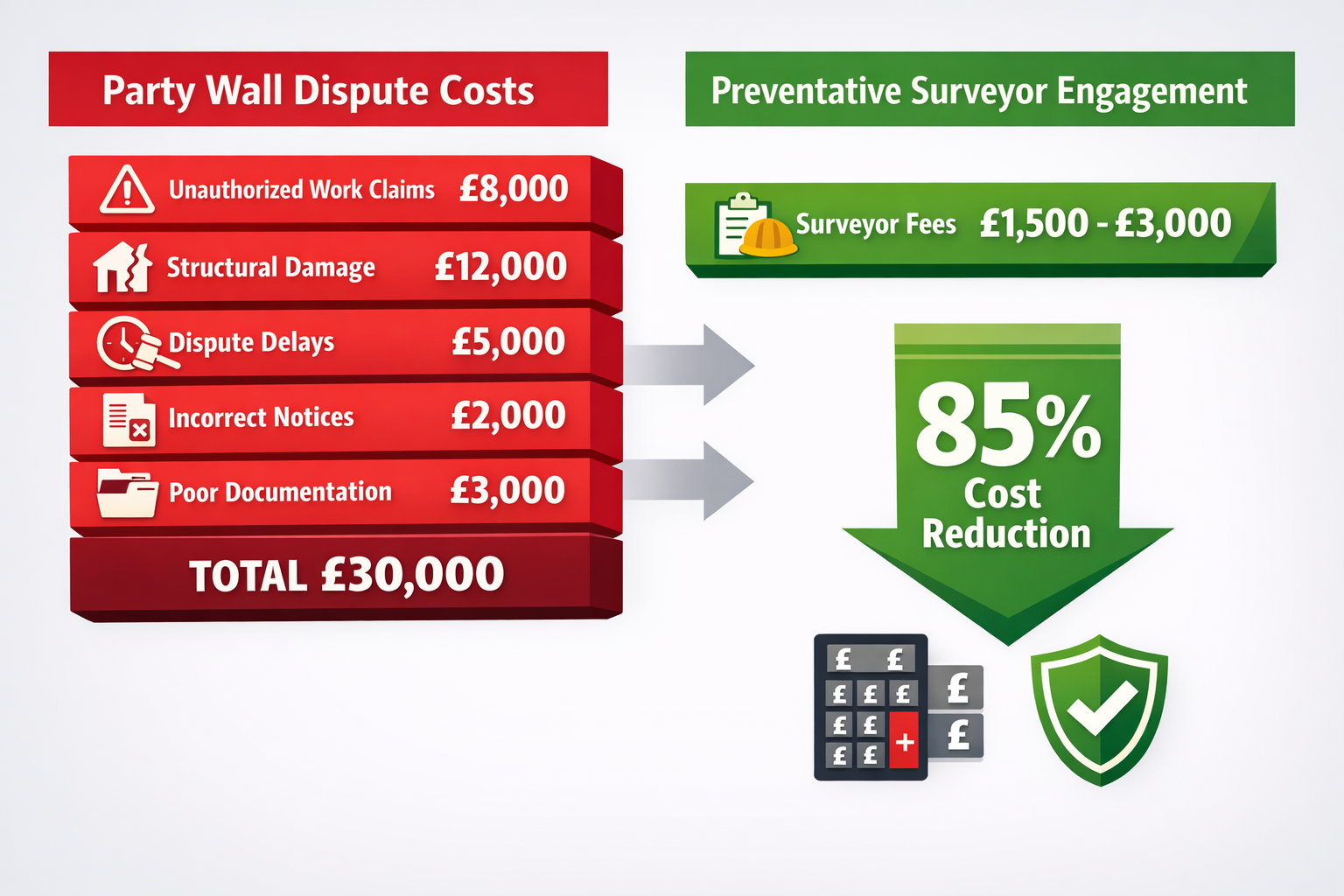 () infographic-style financial comparison chart showing cost breakdown of party wall disputes versus preventative surveyor