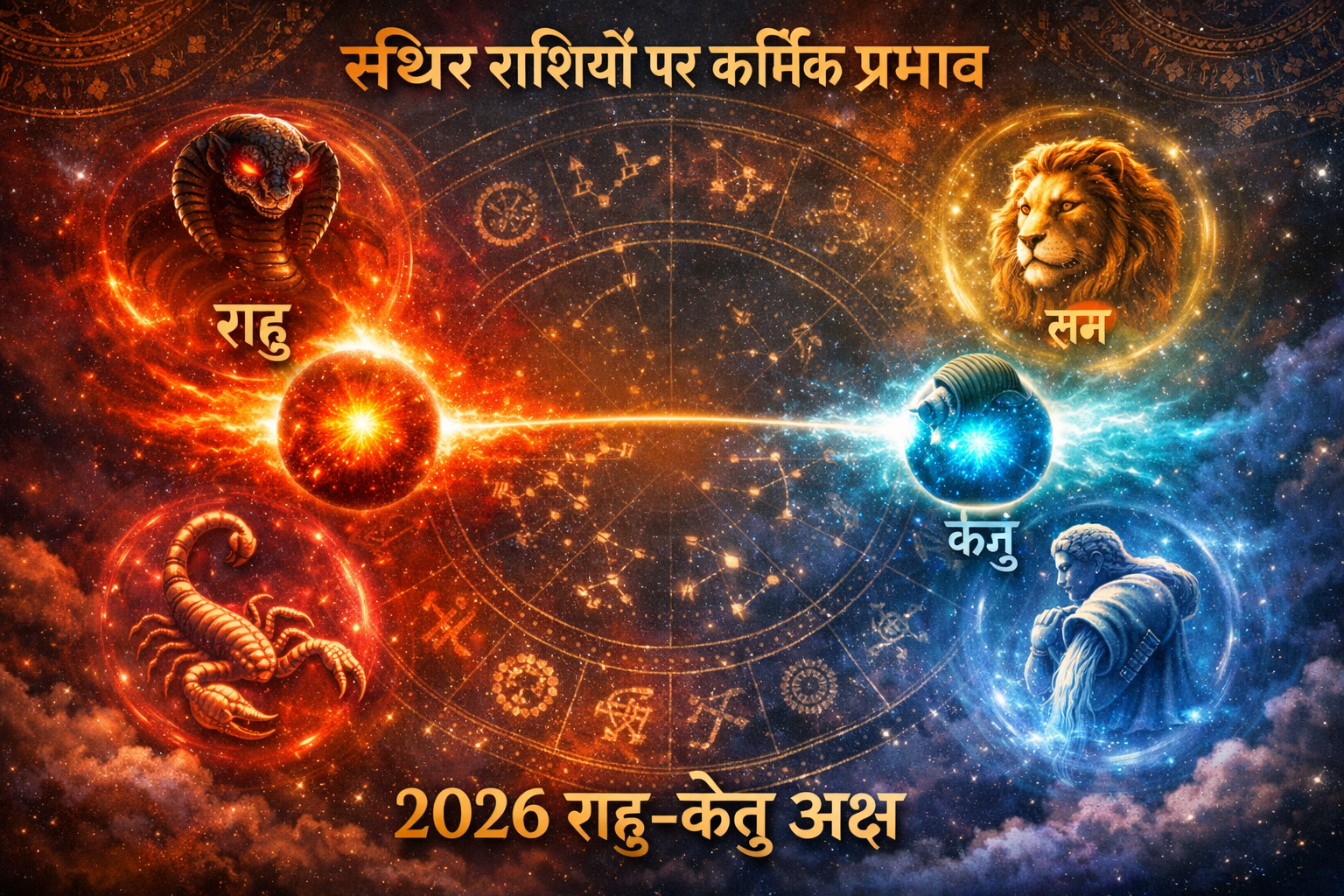 A detailed landscape format (1536x1024) image illustrating the cosmic energies impacting fixed signs (Taurus, Leo, Scorpio, Aquarius) during