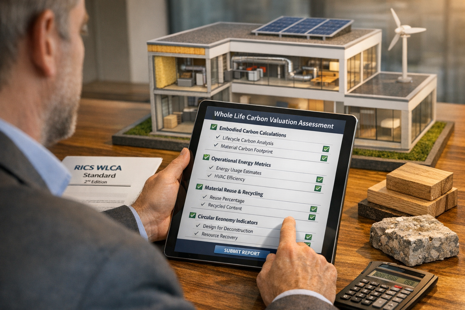 Detailed () image depicting professional chartered surveyor in modern office using tablet device displaying digital