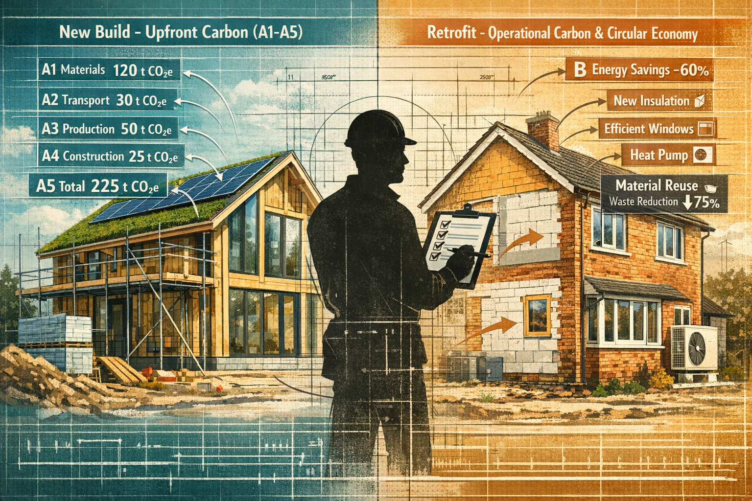 Detailed () image showing split-screen comparison of new build versus retrofit carbon assessment workflows. Left side: