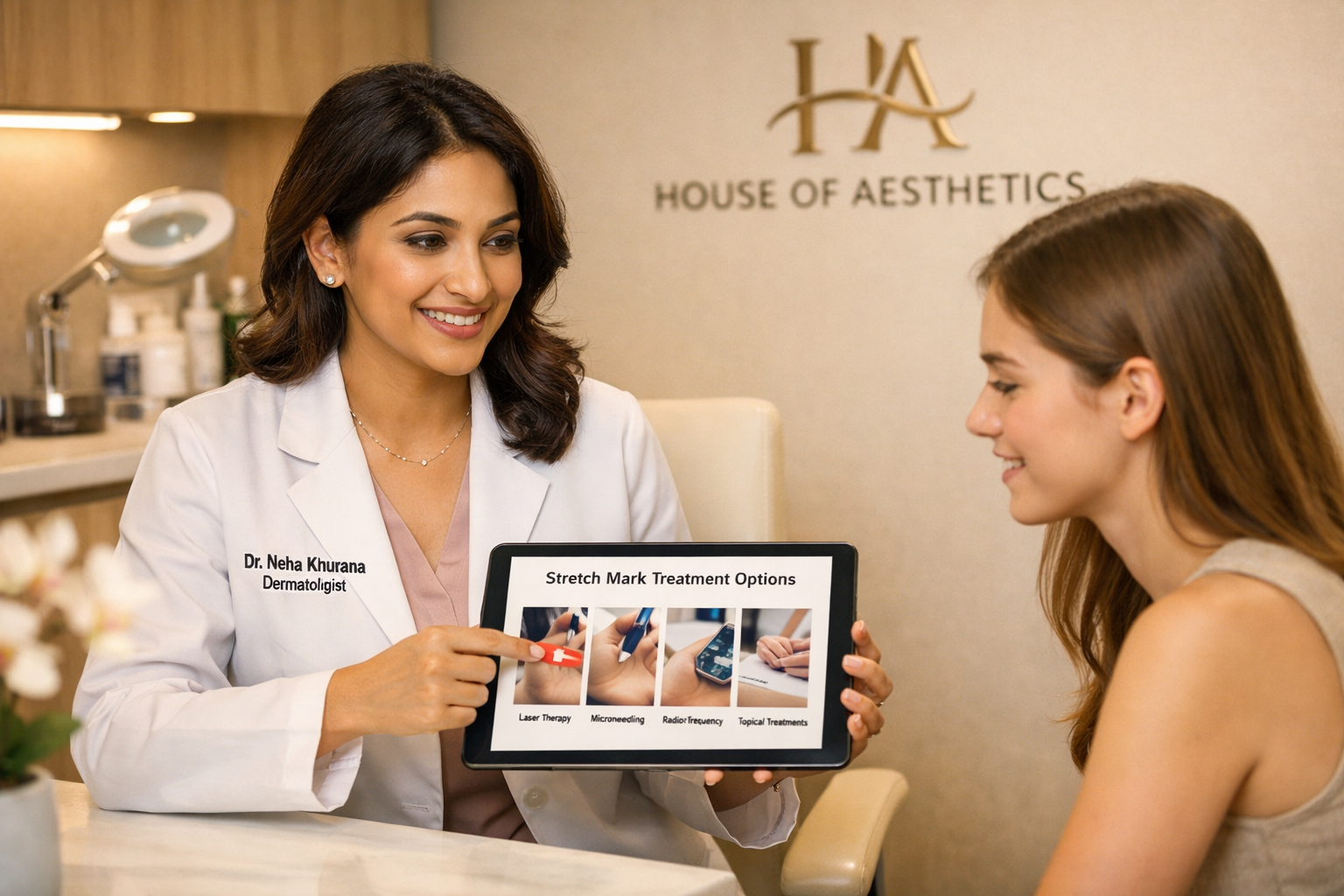 Professional landscape format (1536x1024) image of experienced female dermatologist Dr. Neha Khurana in white coat consulting with young pat