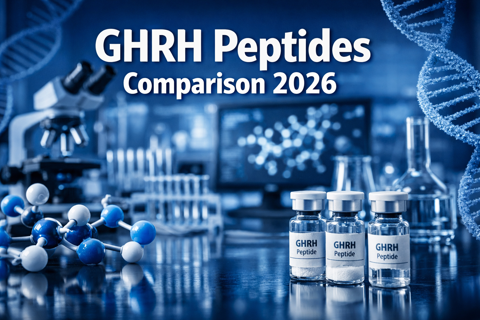 Professional landscape hero image (1536x1024) featuring bold text overlay 'GHRH Peptides Comparison 2026' in extra large 72pt white sans-ser