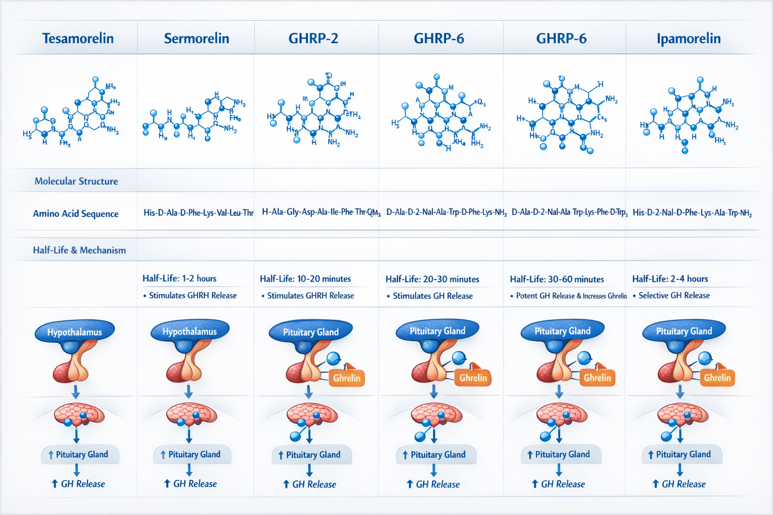 Scientific comparison chart showing molecular structures of Tesamorelin, Sermorelin, GHRP-2, GHRP-6, Hexarelin, and Ipamorelin peptides side