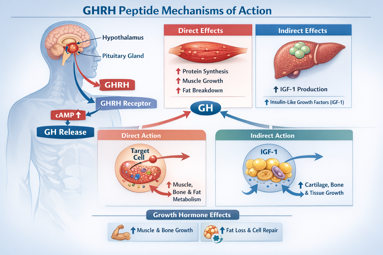 Detailed infographic displaying GHRH peptide mechanisms of action with human silhouette showing pituitary gland, growth hormone pathways, an