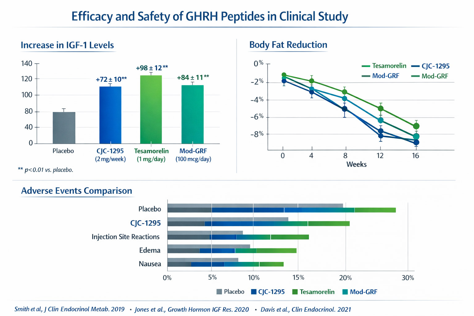 Research data visualization showing clinical study results comparing GHRH peptides effectiveness, dosage protocols, and safety profiles in b