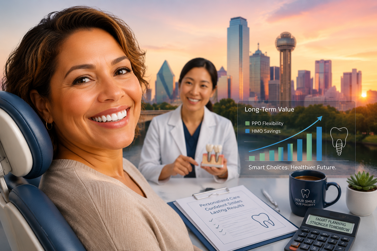 A serene image of a patient confidently smiling after successful dental implant treatment, with a subtle depicting the
