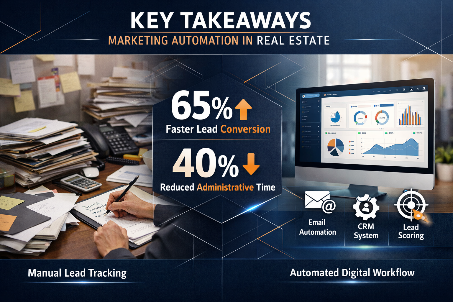 Cinematic editorial infographic visualizing 'Key Takeaways' for Marketing Automation in Real Estate, featuring a split-screen composition wi