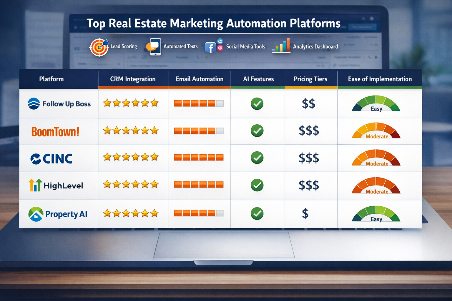 Landscape format (1536x1024) comprehensive tool comparison matrix visualization showing top real estate marketing automation platforms. Disp