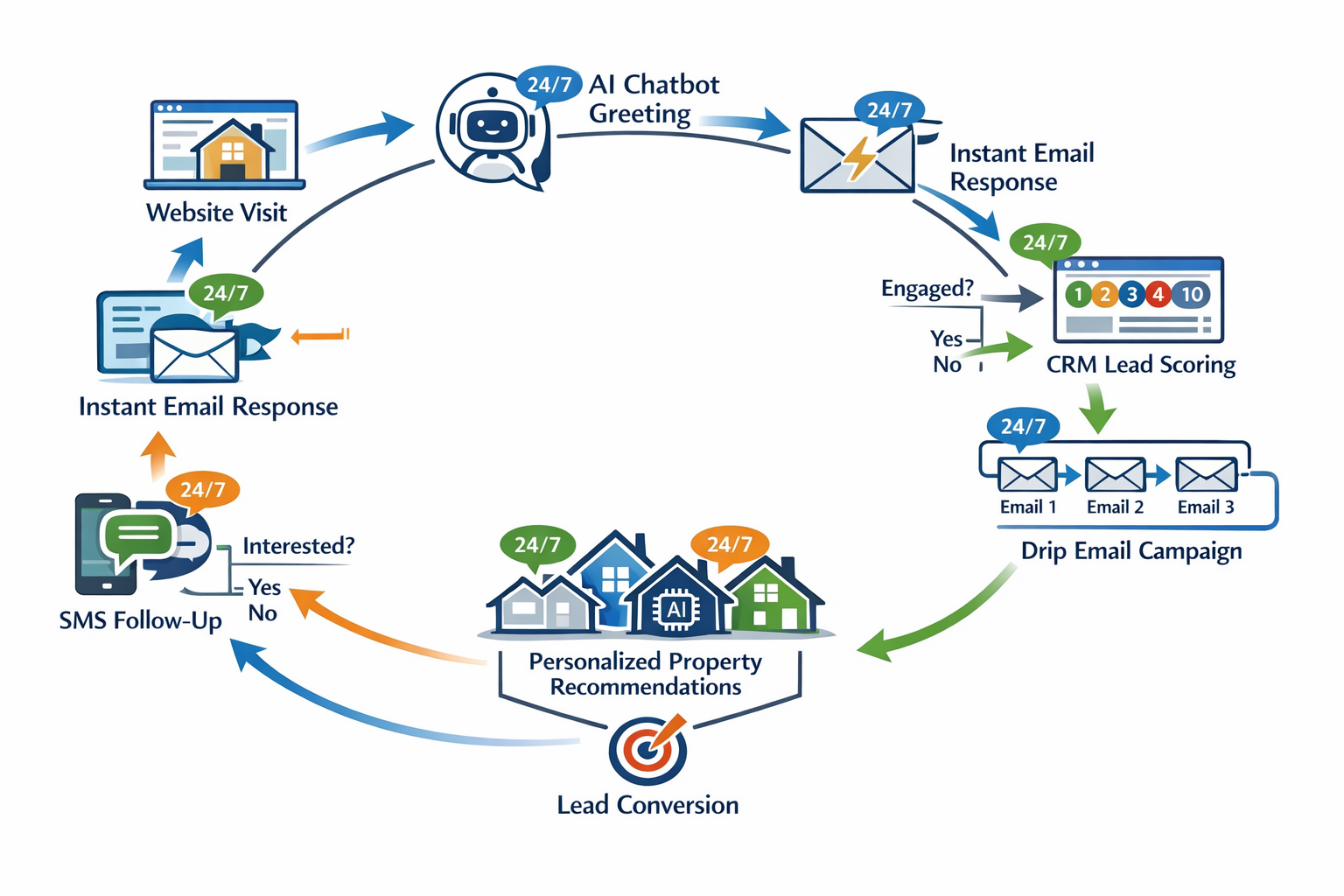 Landscape format (1536x1024) detailed workflow diagram illustrating automated lead nurturing process in real estate. Visual shows circular c