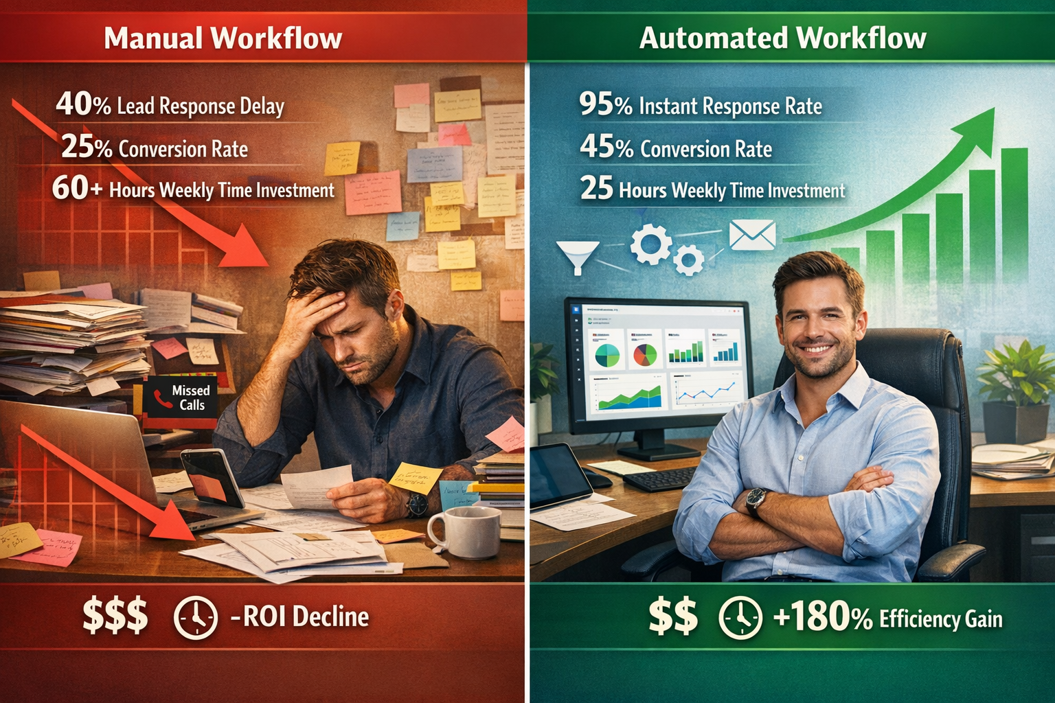 Landscape format (1536x1024) split-screen before-and-after comparison showing ROI impact of marketing automation implementation. Left side l