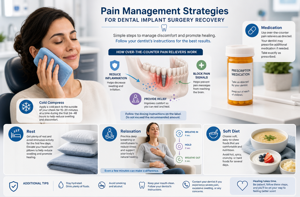 A visually engaging medical illustration in () depicting various pain management strategies for dental implant surgery
