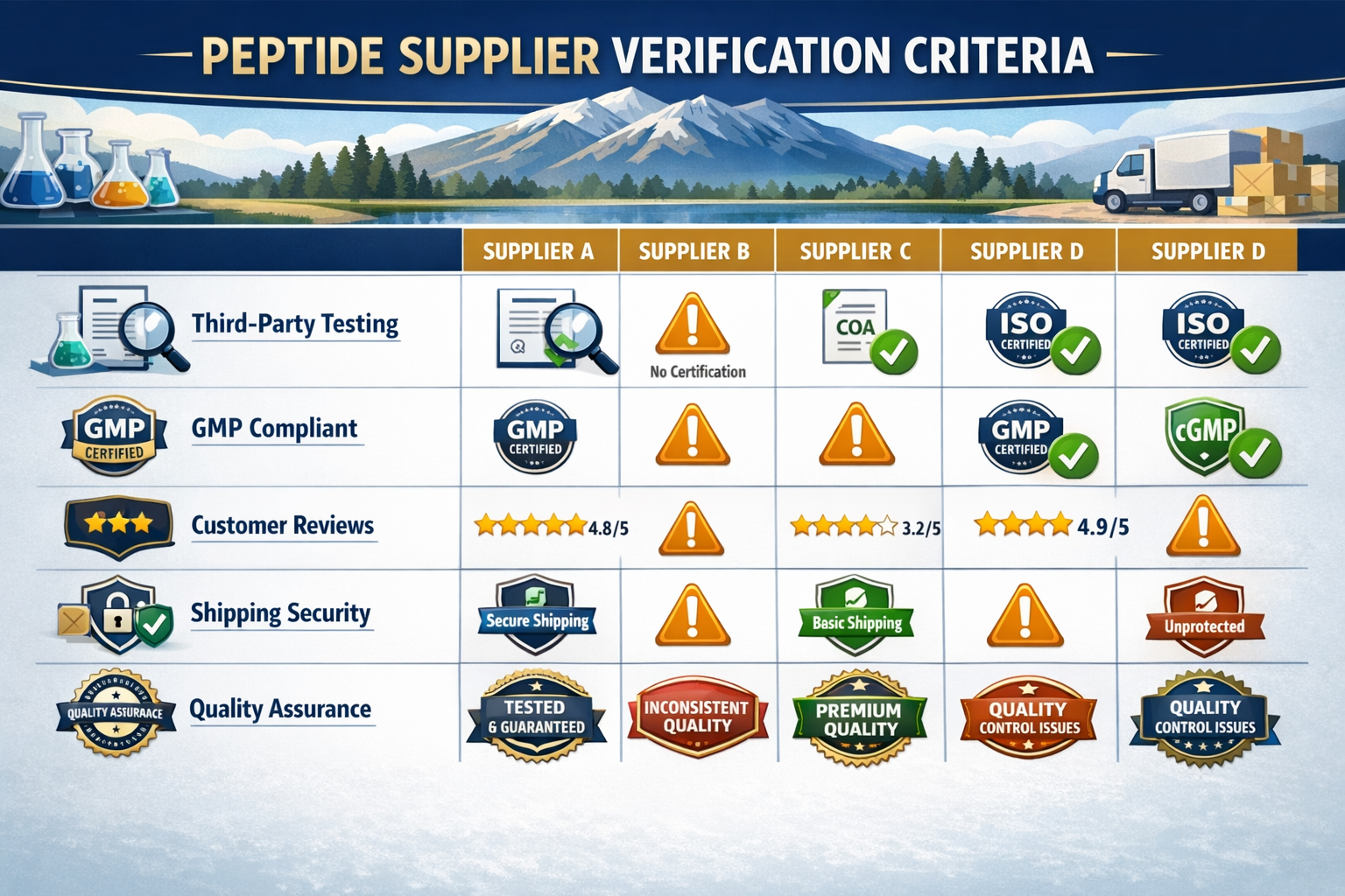 Detailed landscape infographic (1536x1024) showing a comprehensive comparison table of peptide supplier verification criteria including thir