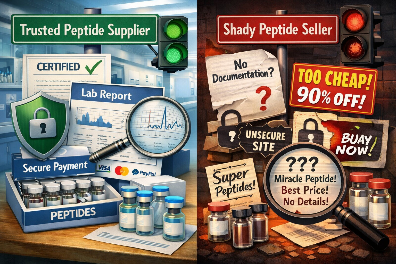 Detailed landscape composition (1536x1024) showing warning signs and red flags in peptide purchasing: split-screen comparison of legitimate 