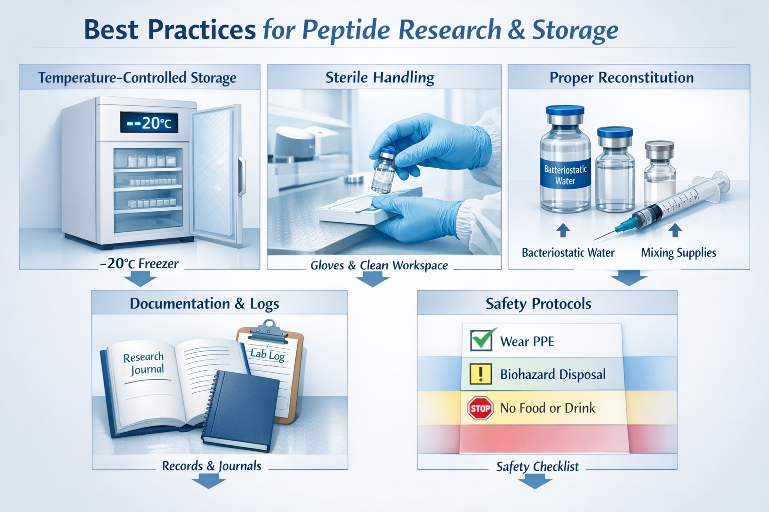 Clean landscape infographic (1536x1024) illustrating best practices for peptide research and storage: temperature-controlled storage unit di