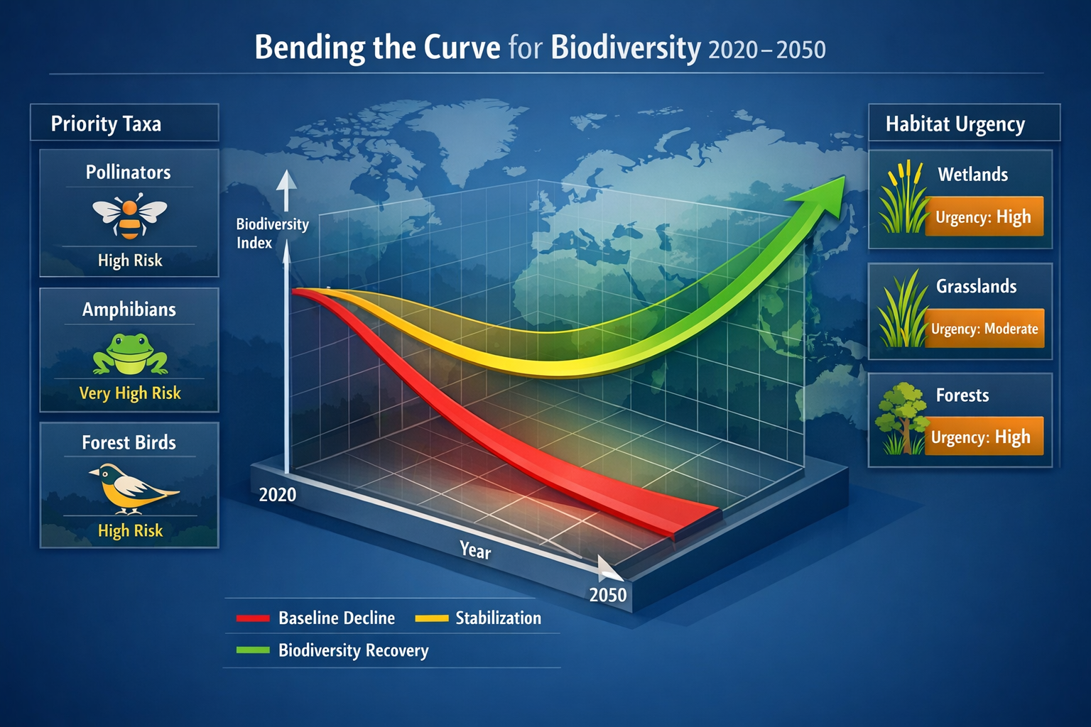 Detailed () image showing three-dimensional curved graph visualizing 'bending the curve' biodiversity scenarios from 2020 to