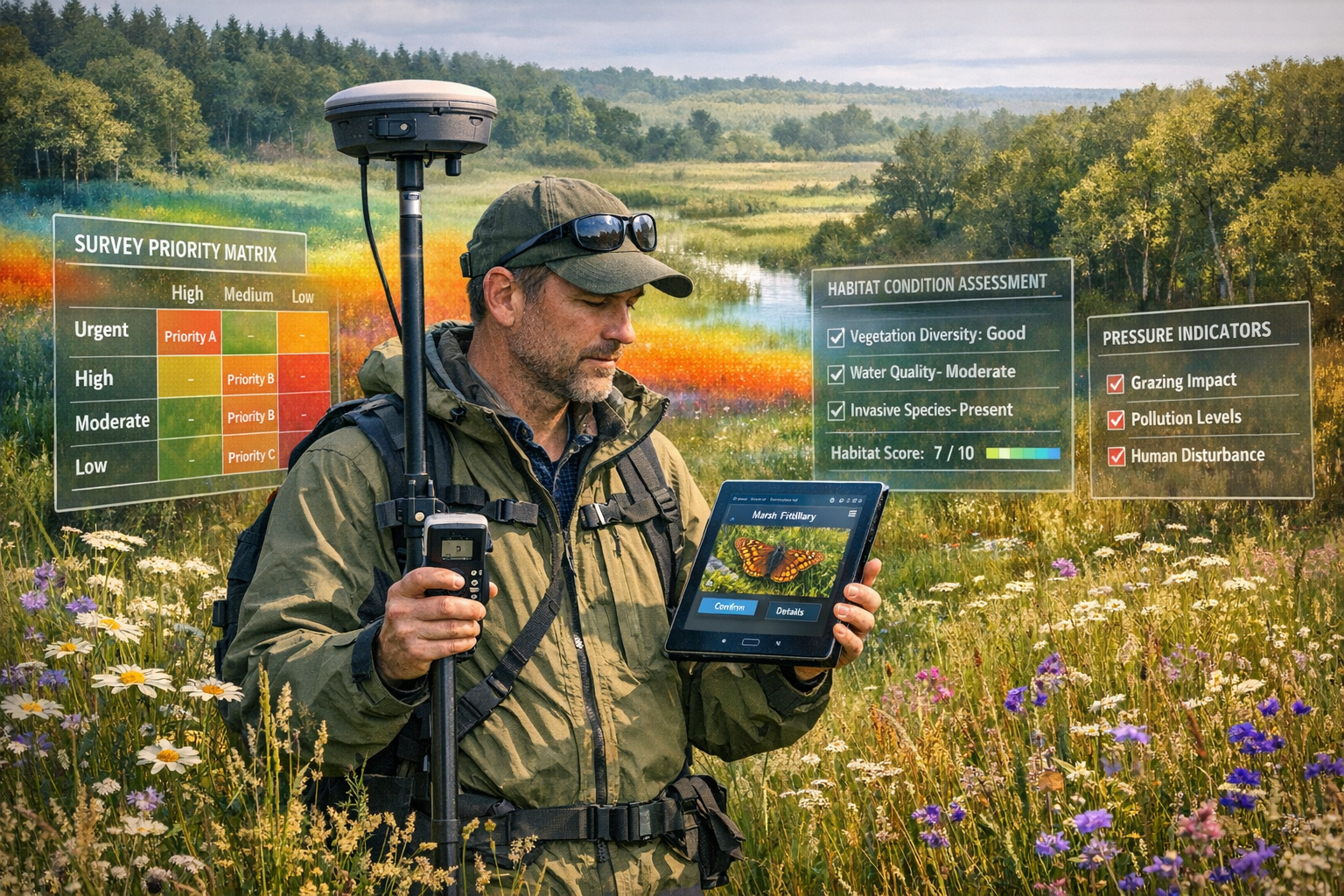 Detailed () image depicting field surveyor in practical outdoor gear using modern survey equipment (GPS device, species