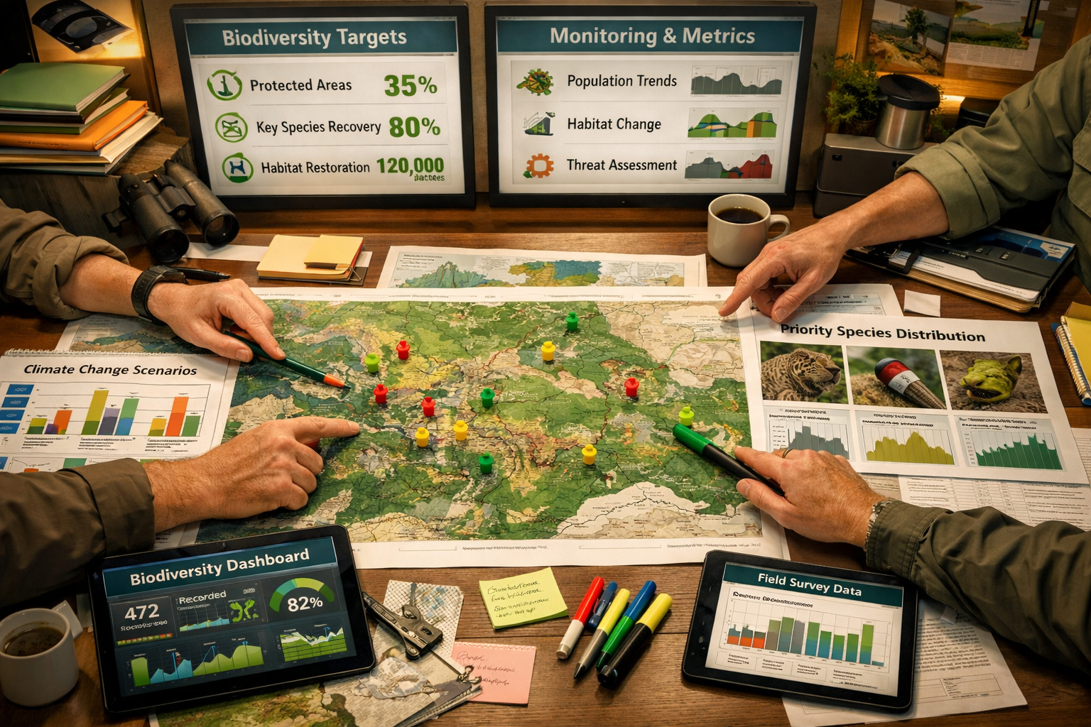 Detailed () image showing collaborative planning scene with conservation team around large table covered with detailed