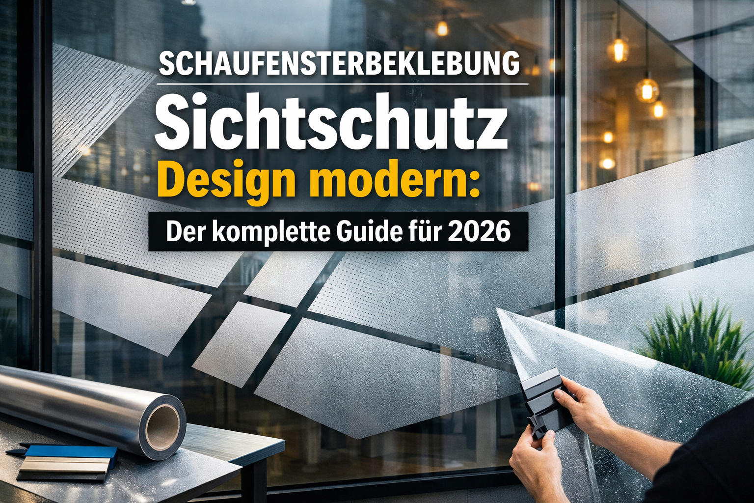 Professional hero image with bold text overlay: "Schaufensterbeklebung Sichtschutz Design modern: Der komplette Guide für 2026". Modern desi