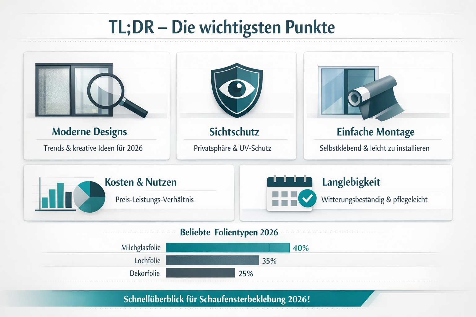 Professional infographic for article "Schaufensterbeklebung Sichtschutz Design modern: Der komplette Guide für 2026", section: "TL;DR – Die 