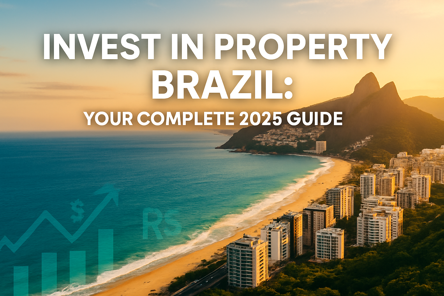 Professional landscape hero image (1536x1024) featuring bold text overlay 'Invest in Property Brazil: Your Complete 2025 Guide' in extra lar