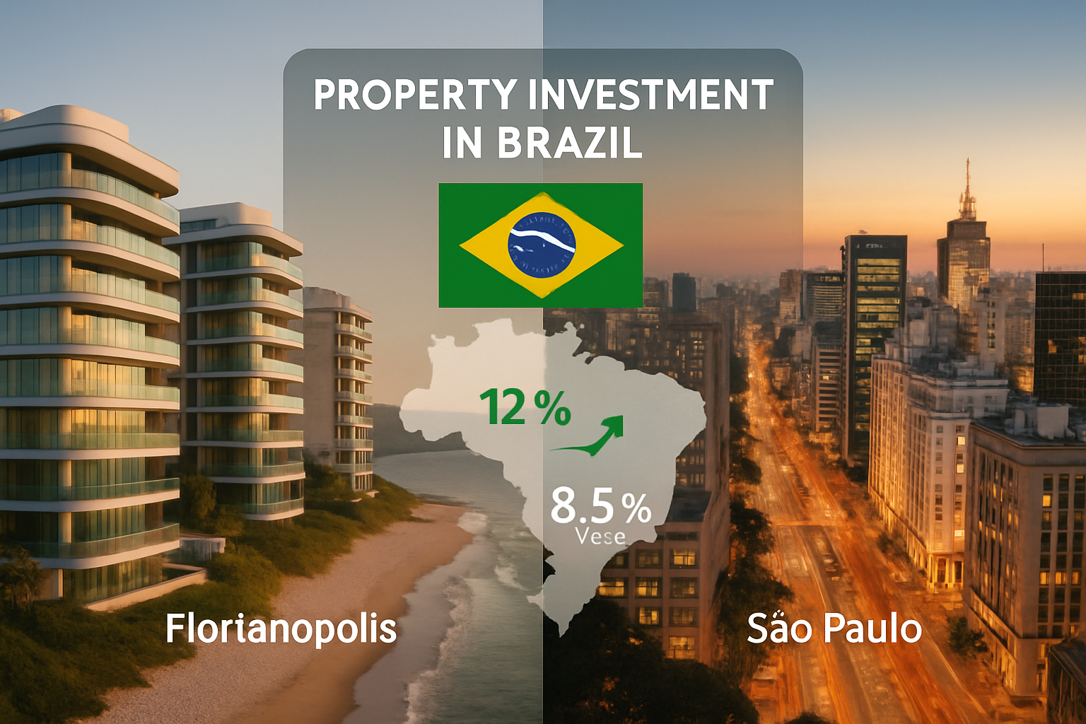 Detailed landscape editorial image (1536x1024) showing split-screen comparison of Brazilian property investment opportunities: left side dis