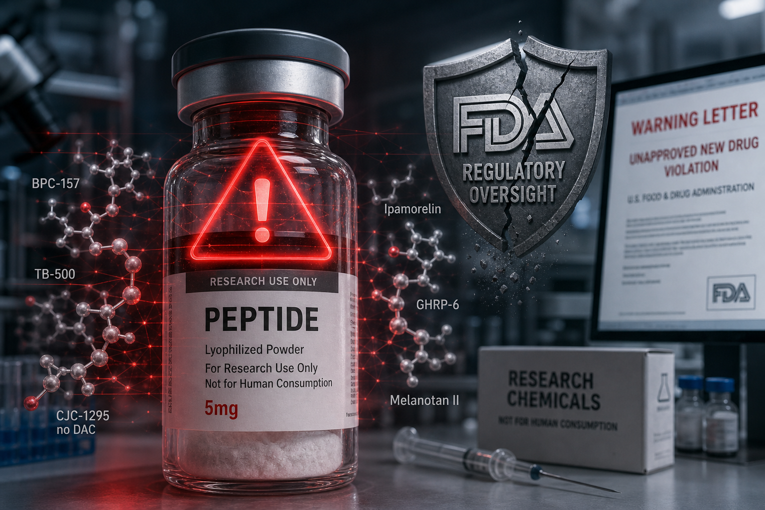 Detailed () editorial illustration showing a magnified view of a peptide vial with a glowing red warning symbol overlaid,