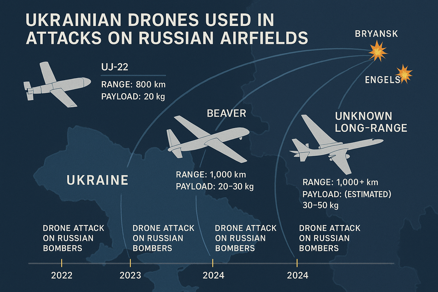 An infographic illustrating the evolution and capabilities of Ukrainian drones used in attacks on Russian airfields, showing different drone