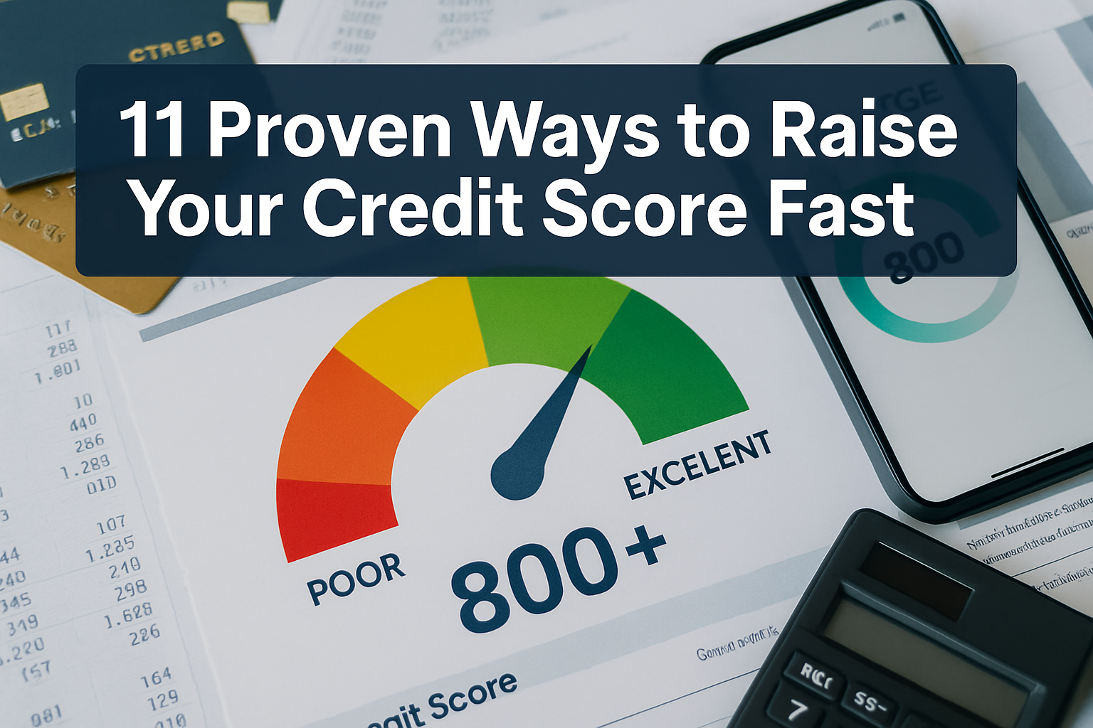 Professional landscape hero image (1536x1024) featuring bold text overlay '11 Proven Ways to Raise Your Credit Score Fast' in extra large 72