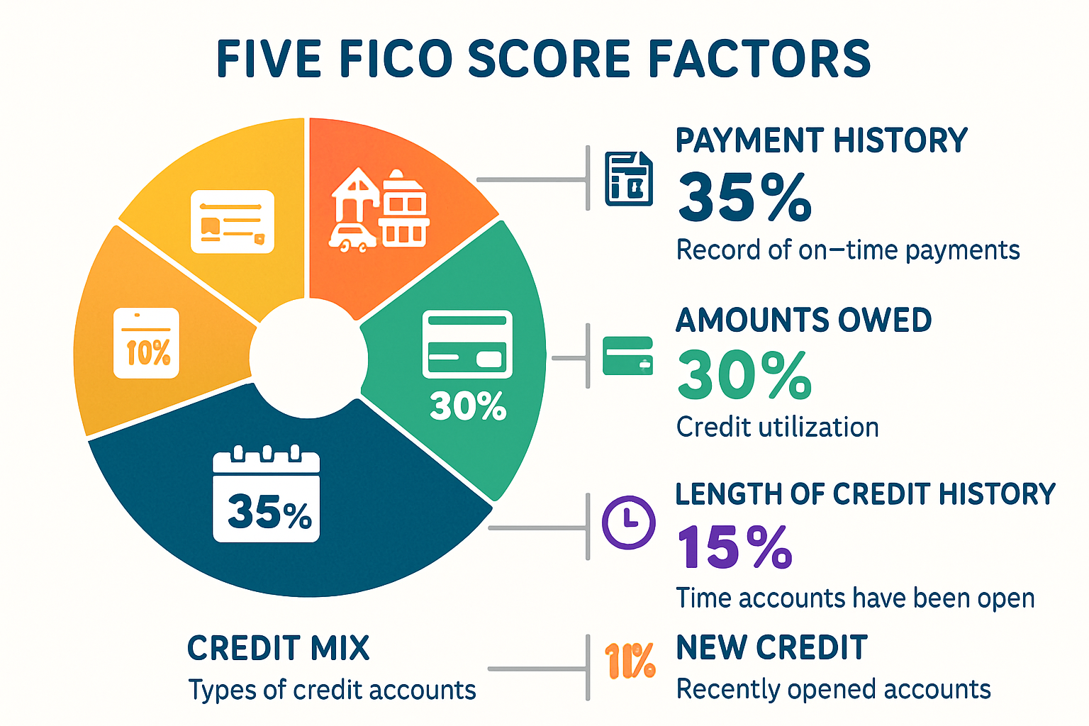 Detailed infographic illustration showing the five FICO score factors as a colorful pie chart with payment history 35% in deep blue, amounts