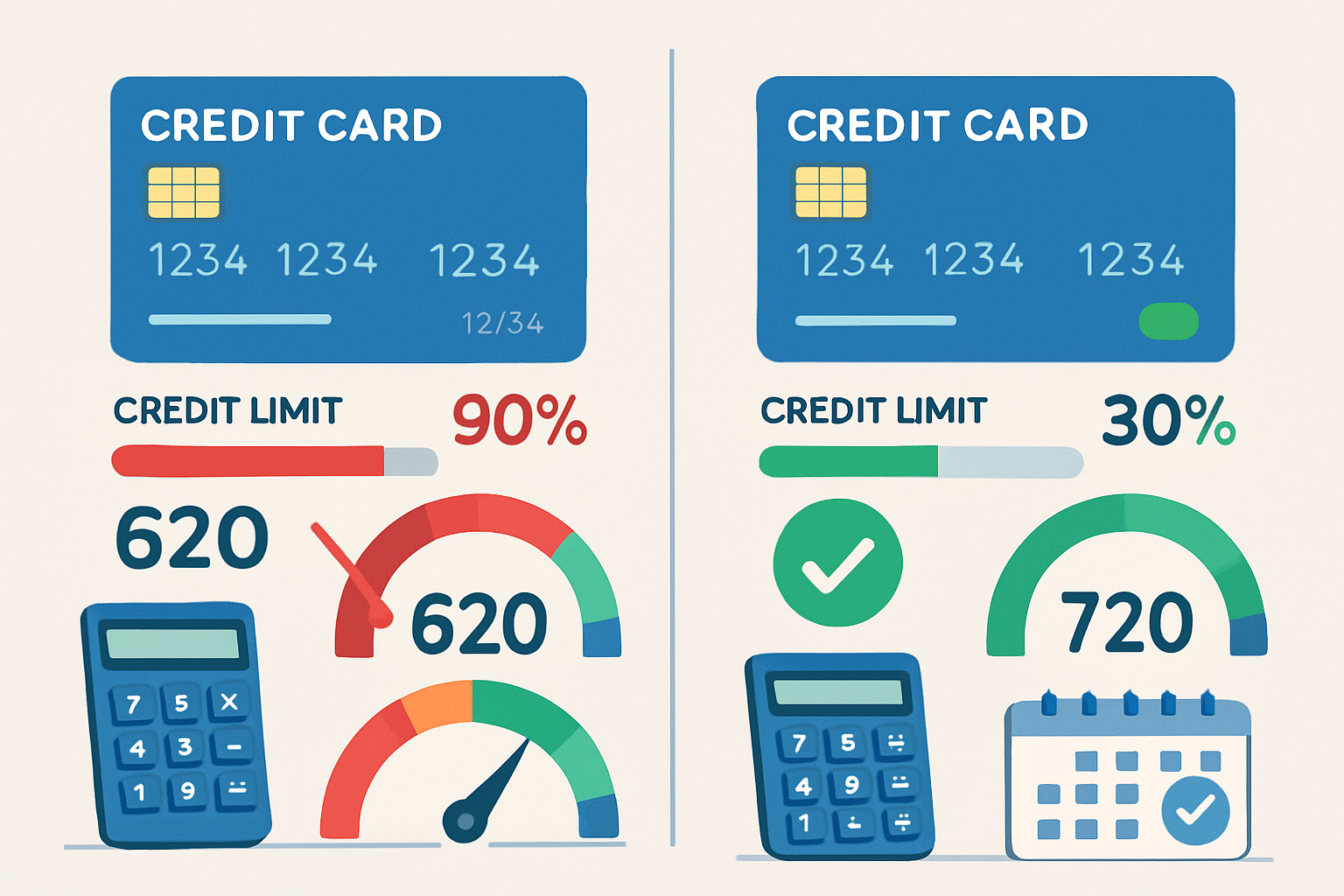 Landscape composition (1536x1024) showing side-by-side comparison of credit utilization impact: left side displays maxed-out credit card at 