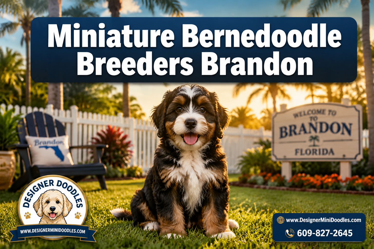 Professional () hero image featuring 'Miniature Bernedoodle Breeders Brandon' in extra large white with dark effect,