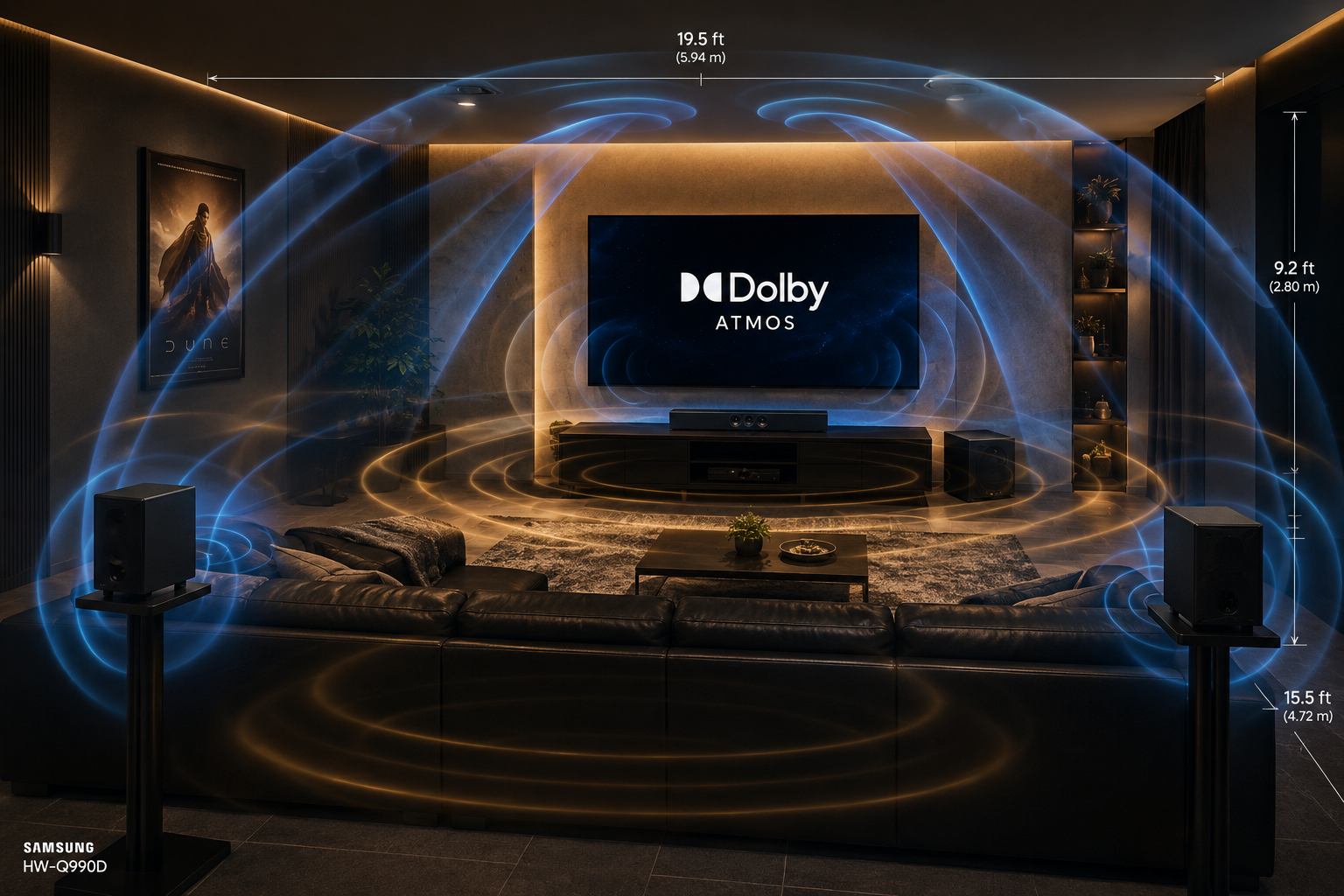 Detailed landscape format (1536x1024) showing a realistic living room home theater setup from a low wide-angle perspective. Samsung HW-Q990D system fully deployed with rear speakers visible on stands behind a dark leather sofa, subwoofer beside TV cabinet, 65-inch screen displaying Dolby Atmos logo. Sound wave visualization overlaid showing surround sound field in blue and gold. Room dimensions subtly annotated. Cinematic dramatic lighting, photorealistic quality, premium home audio atmosphere.

Samsung HW-Q990D Price vs Sonos Arc Ultra Cost in 2026