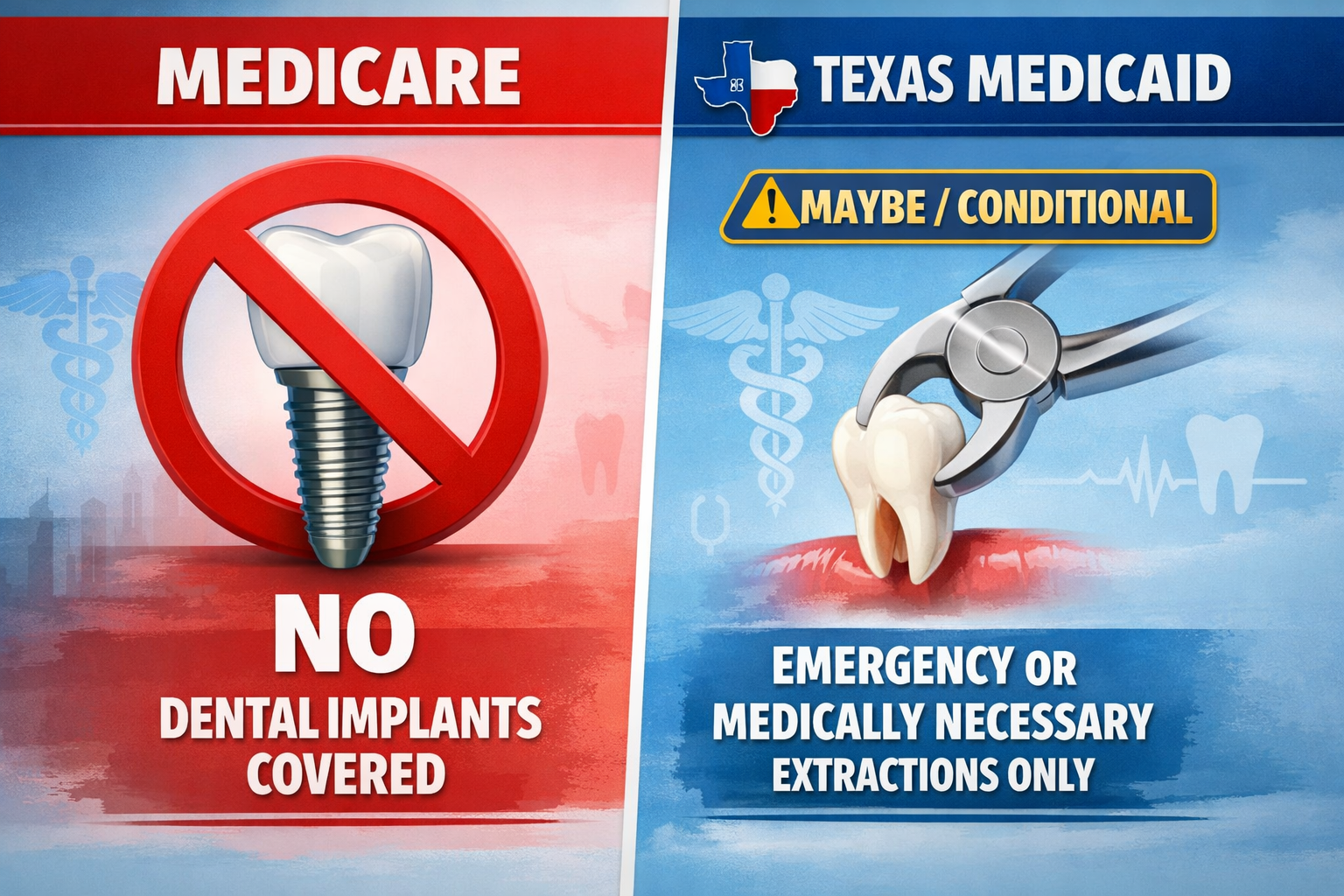 Detailed () image illustrating the limited scope of Medicare and Medicaid dental coverage in Texas for 2026. The visual
