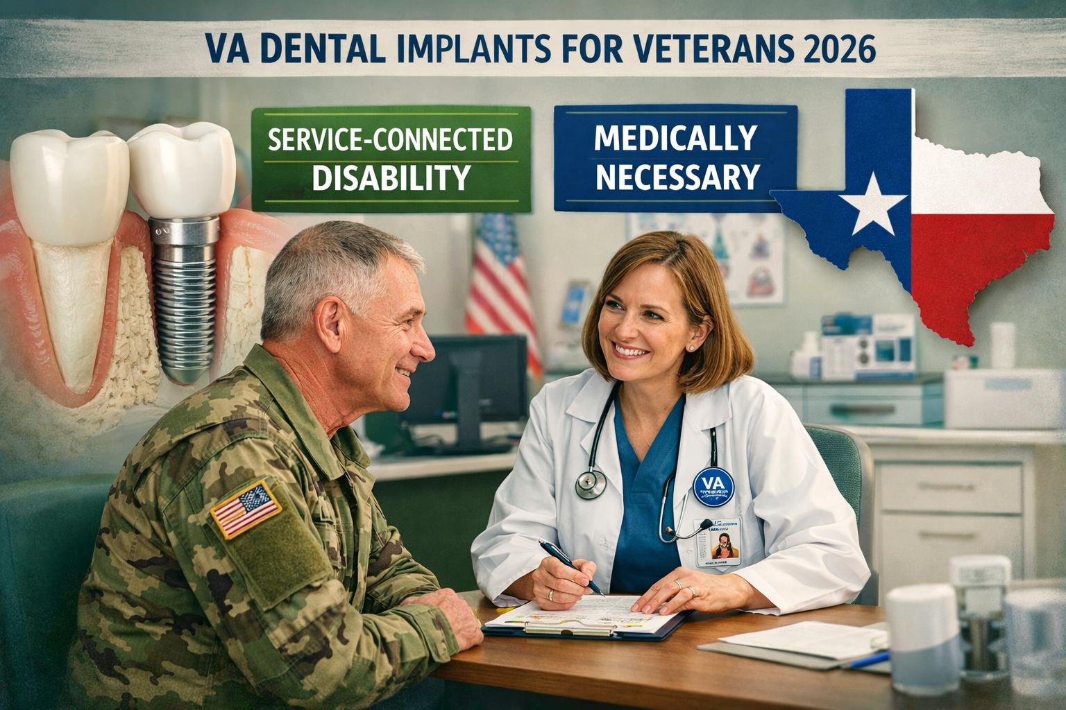 Detailed () image focusing on VA dental benefits for veterans seeking dental implants in Texas for 2026. The composition